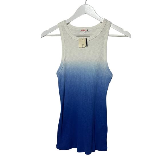 SUNDRY WMNS SZ 3/LARGE COTTON MODAL RIBBED STRETCH TANK TOP OMBRE BLUE WHITE NEW - Picture 1 of 11